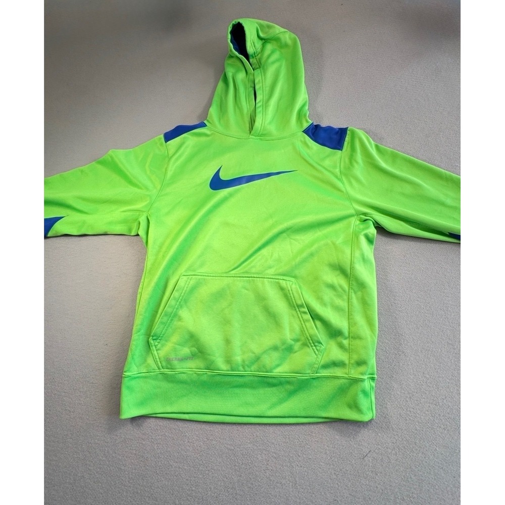 Nike Therma-FIT Hoodie Neon Lime Green Blue Swoosh Boys XL Sweatshirt